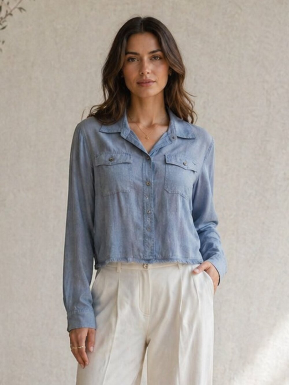 Elizabeth and James Buckley Blue Tencel Blouse Cropped Button Small